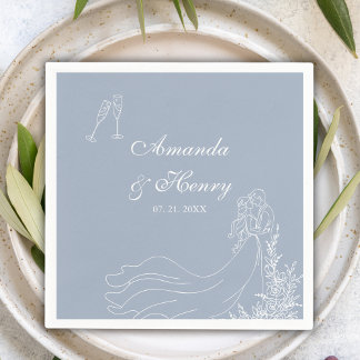 Guardanapo De Papel Casamento Azul Dusty com Casal Desenhado à Mão Ele