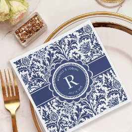 Guardanapo De Papel Casamento Azul e Branco William Morris Monograma