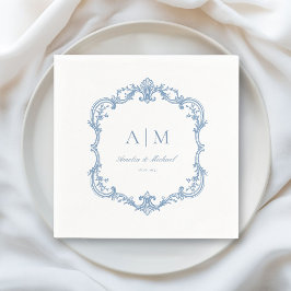 Guardanapo De Papel Casamento Azul Empoeirado Monograma Vintage Elega