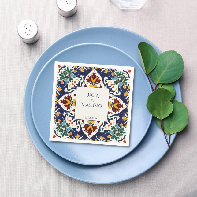 Guardanapo De Papel Casamento azul-mediterrânico Azulejo impresso (Azulejo blue Mediterranean tiles Morocco wedding monogram printed Napkins personalized decor)