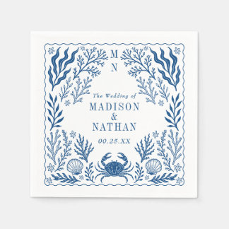 Guardanapo De Papel Casamento Azul Náutico Concha de Caranguejo Oceano
