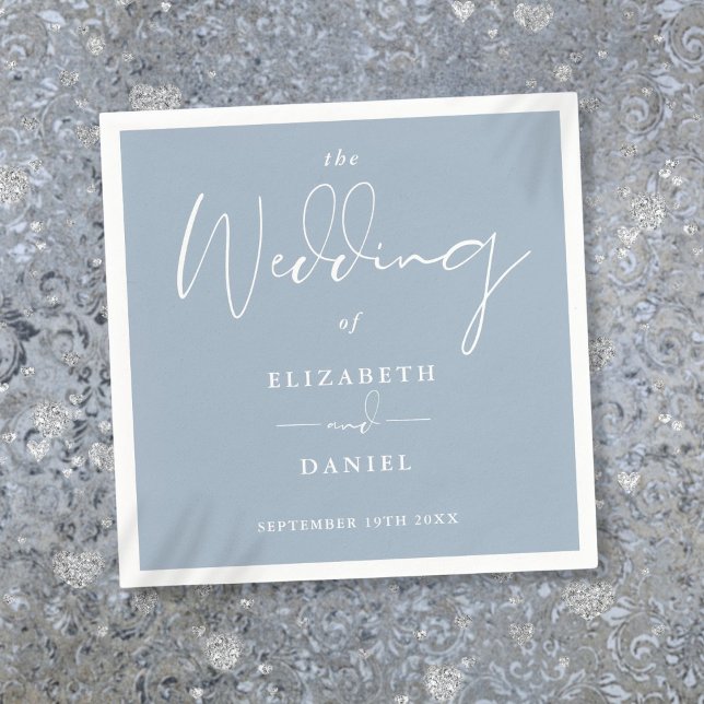 Guardanapo De Papel Casamento Azul Poeira de Script Moderno Elegante (Elegant Modern Script Dusty Blue Wedding Napkins)