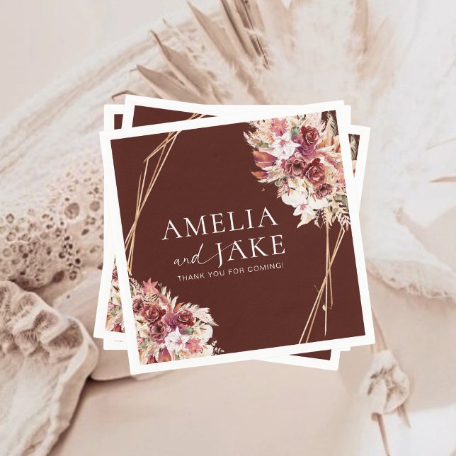 Guardanapo De Papel Casamento Boho Burgundy & Dourado com Moldura (Criador carregado)