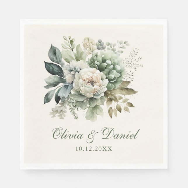 Guardanapo De Papel Casamento Boho em Verde Sage e Flores de Marfim (Frente)