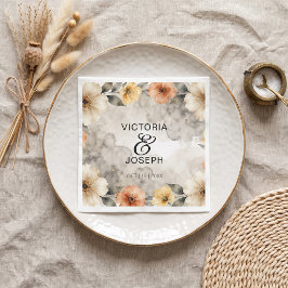 Guardanapo De Papel Casamento Boho Floral Pêssego com Aguarela Cinza F