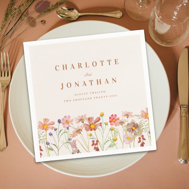 Guardanapo De Papel Casamento Boho Rústico Floral de Outono (Boho rustic floral custom fall Wedding napkins watercolor wildflowers brown terracotta burnt orange )