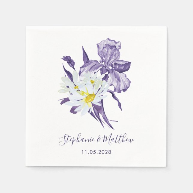 Guardanapo De Papel Casamento Botânico Dusty Purple Iris White Daisy (Frente)