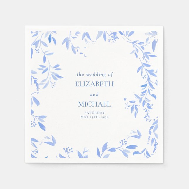 Guardanapo De Papel Casamento Botânico Floral Azul Elegante Francês (Frente)