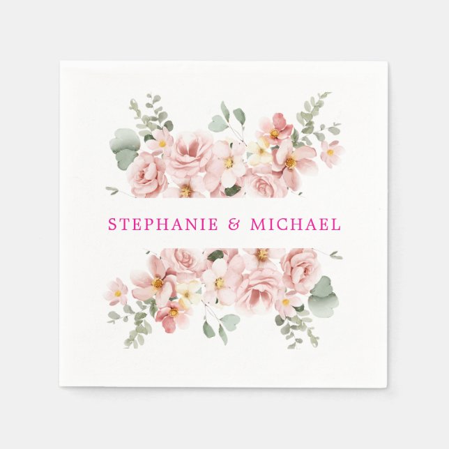 Guardanapo De Papel Casamento Botânico Floral de Pastel Blush Rosa (Frente)