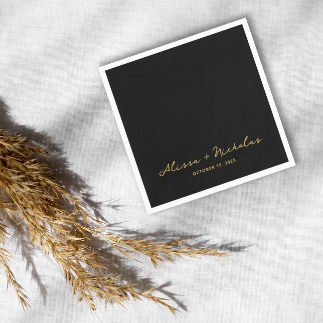 Guardanapo De Papel Casamento branco elegante de preto e Dourado Scrip (Criador carregado)