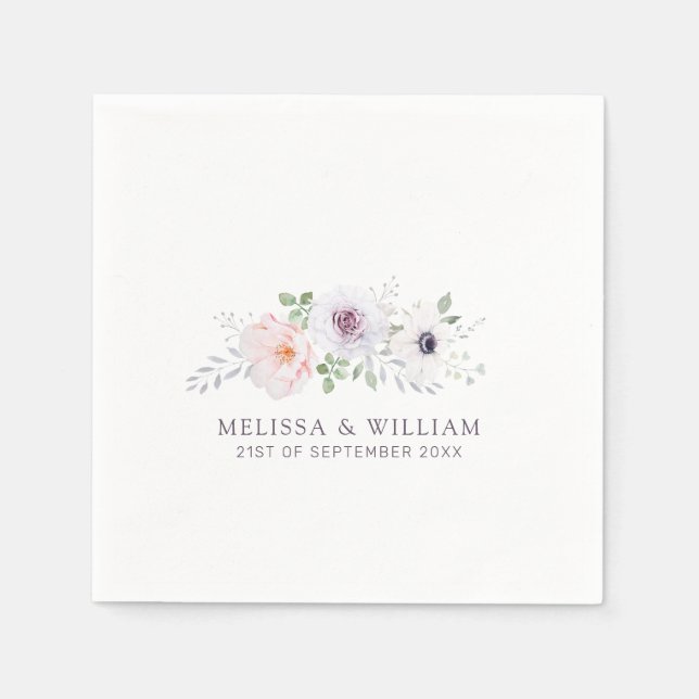 Guardanapo De Papel Casamento Branco Floral Rosa Anemone Lilac (Frente)