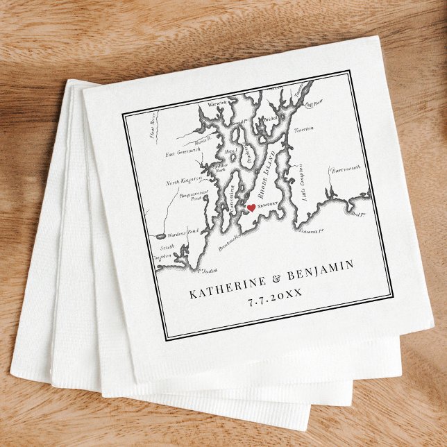 Guardanapo De Papel Casamento Branco Negro de Rhode Island Neto Elegan (Elegant black and white Newport Rhode Island wedding napkins from Coastal Map Designs)