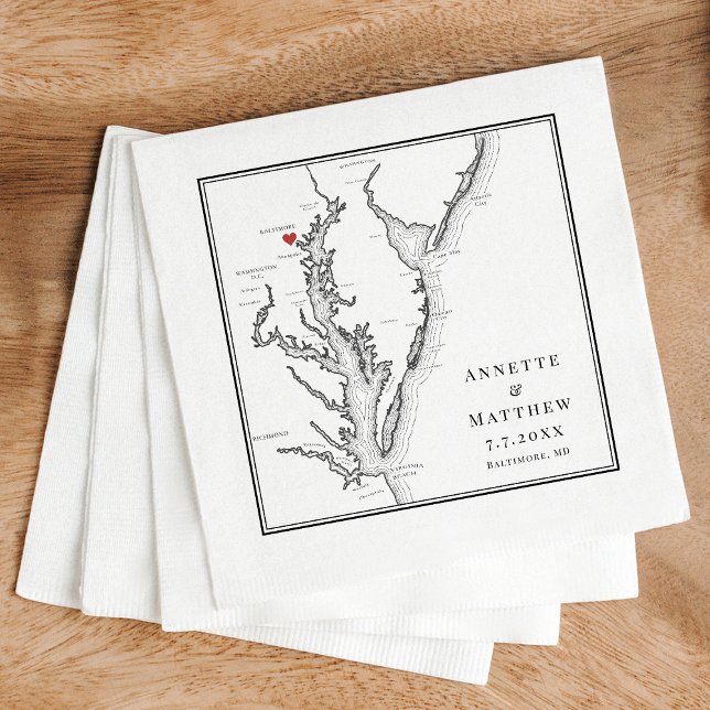 Guardanapo De Papel Casamento Branco Negro Elegante do Mapa de Baltimo (Baltimore Wedding Napkins Personalized Chesapeake Bay Map Napkins in elegant black and white )