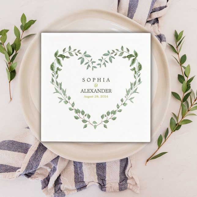 Guardanapo De Papel Casamento Cardíaco Elegante Greenery Personalizado (Elegant Greenery Heart Wedding Personalized Napkins)