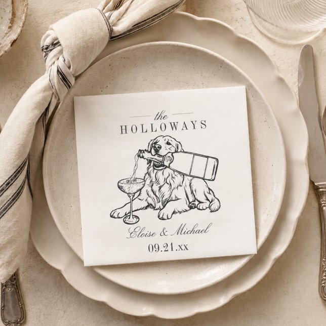 Guardanapo De Papel Casamento Champanhe Retriever Dourado Esboço Cláss (Classic Sketch Golden Retriever Champagne Wedding Napkins)