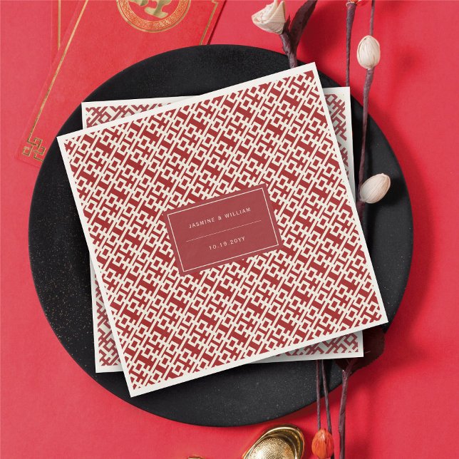 Guardanapo De Papel Casamento Chinês de Dupla Felicidade Vermelha Mini (Minimalist Red Double Happiness Chinese Wedding Napkins @ fatfatin_red_knot)
