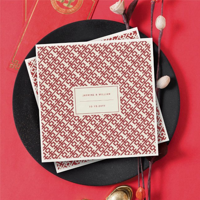 Guardanapo De Papel Casamento Chinês de Dupla Felicidade Vermelha Mini (Minimalist Red Double Happiness Chinese Wedding Napkins @ fatfatin_red_knot)