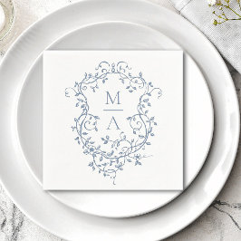Guardanapo De Papel Casamento Clássico Blue Floral Crest Monograma