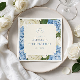Guardanapo De Papel Casamento Clássico com Hortênsia Azul e Rosa Branc