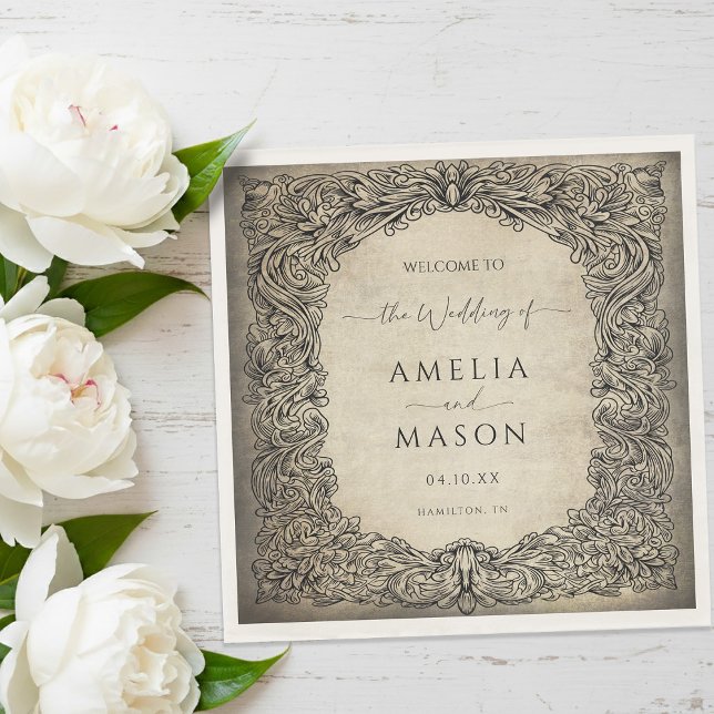 Guardanapo De Papel Casamento Clássico Elegante com Trabalho de Rolo V (Vintage Scrollwork Elegant Classic Wedding Napkins)