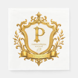 Guardanapo De Papel Casamento com Brasão de Monograma Vintage em Ouro 
