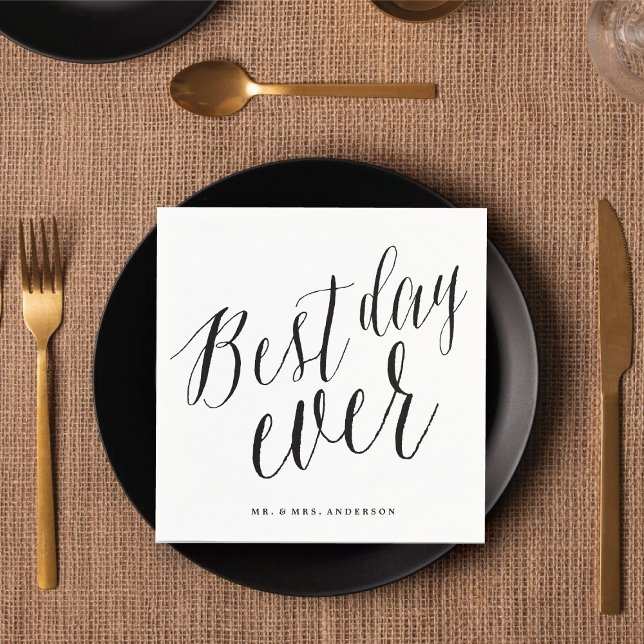 Guardanapo De Papel Casamento com Caligrafia Clássica no Melhor Dia de (BEST DAY EVER Classic Script Calligraphy Wedding Paper Napkins @ fatfatin_blue_knot)