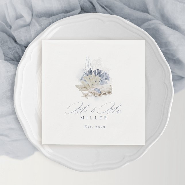 Guardanapo De Papel Casamento com coral de aquarela azul e conchas (Blue watercolor coral & seashells beach Wedding Napkins)