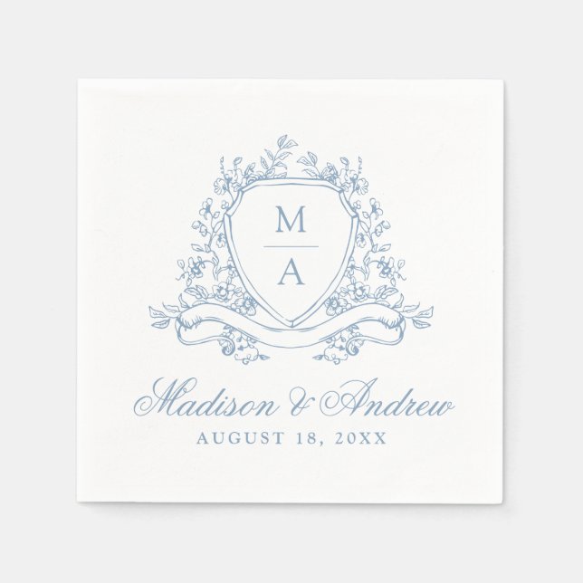 Guardanapo De Papel Casamento com Crista Floral Azul Elegante Monogram (Frente)