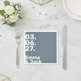Guardanapo De Papel Casamento com data vertical em ardósia azul modern