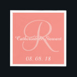 Guardanapo De Papel Casamento com Design Na moda de cor rosa-coral mon<br><div class="desc">Papel de Casamento de Design de Na moda de Cor Cor Rosa-de-Coral-Personalizado Elegante, Napkins. Design por Elke Clarke©. Disponível em www.zazzle.com/monogramgallery. Fundo de cor sólida clássico, personalizado e personalizado de cor rosa-coral, personalizável com nomes de noiva e noivo em letra branco, inicial de sobrenome casado em cor rosa-claro-coral e data...</div>