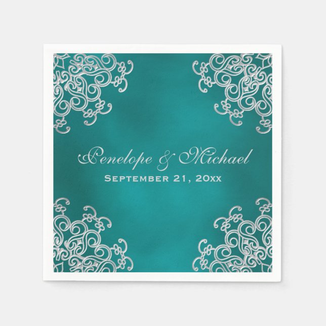 Guardanapo De Papel Casamento com Estilo Indígena Teal e Silver (Frente)