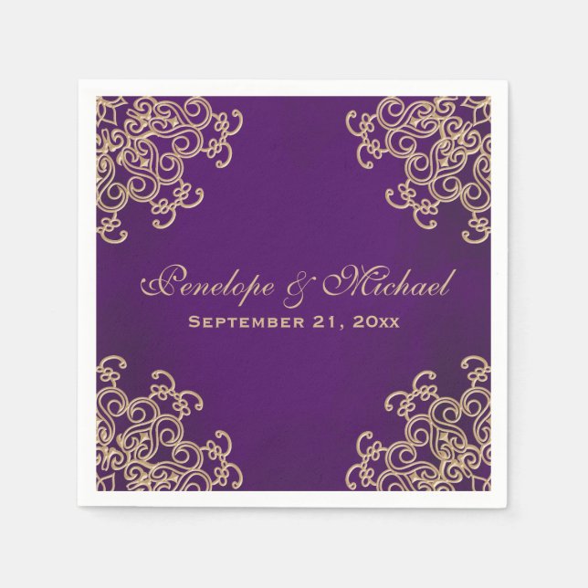 Guardanapo De Papel Casamento com Estilo Índio Roxo e Dourado (Frente)