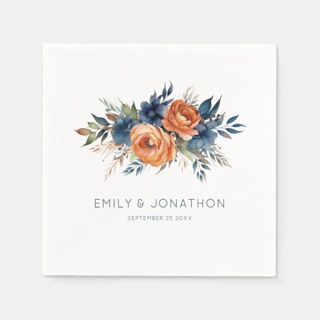 Guardanapo De Papel Casamento com Florais Laranja Queimada e Azul Mari (Frente)