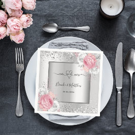Guardanapo De Papel Casamento com flores cor-de-rosa prateado