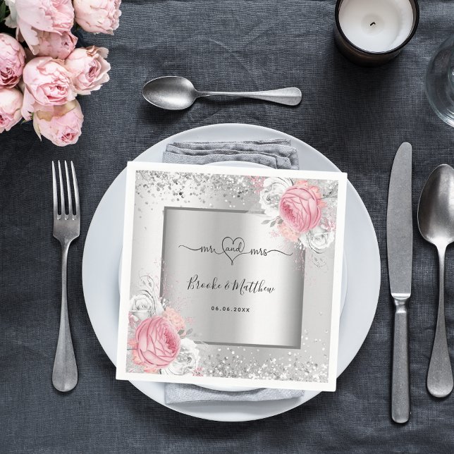 Guardanapo De Papel Casamento com flores cor-de-rosa prateado (Criador carregado)