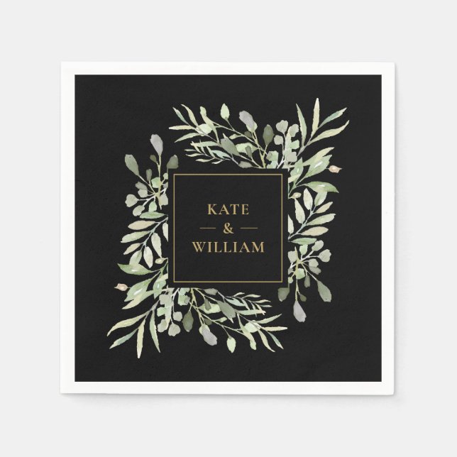 Guardanapo De Papel Casamento com folhagem verde e dourado (Frente)