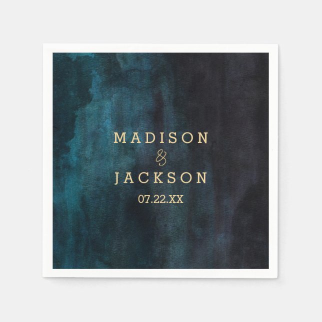 Guardanapo De Papel Casamento com Monograma Dourado e Aquarela Azul Ma (Frente)