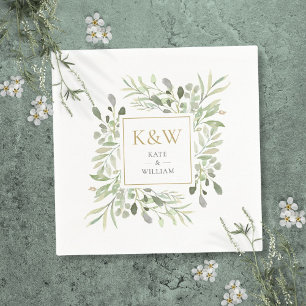 Guardanapo De Papel Casamento com Monograma Dourado e Vegetação em Aqu