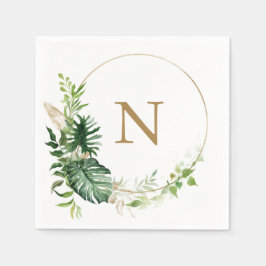 Guardanapo De Papel Casamento com Monograma Dourado e Vegetação Tropic