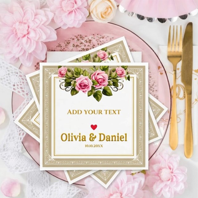 Guardanapo De Papel Casamento com Rosa Rosa e Letra Dourada Elegante (Criador carregado)