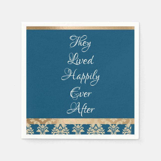 Guardanapo De Papel Casamento com Roteiro Dourado em Damasco Azul (Frente)