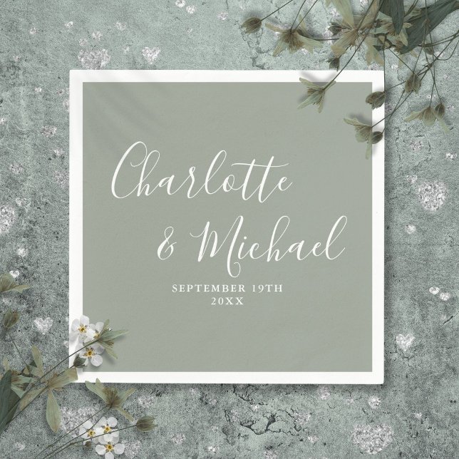 Guardanapo De Papel Casamento com Script de Assinatura Verde Sage Mode (Modern Elegant Sage Green Signature Script Wedding Napkins)
