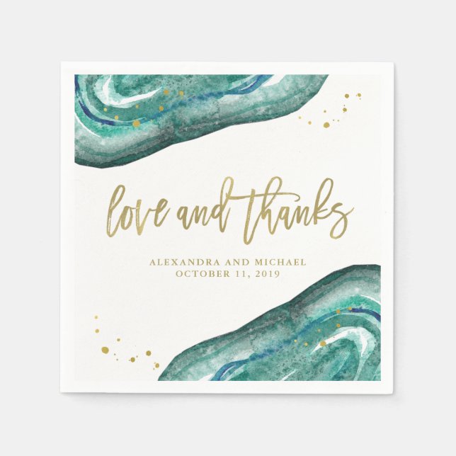 Guardanapo De Papel Casamento com Teal de Aquarela e Geodo Dourado (Frente)
