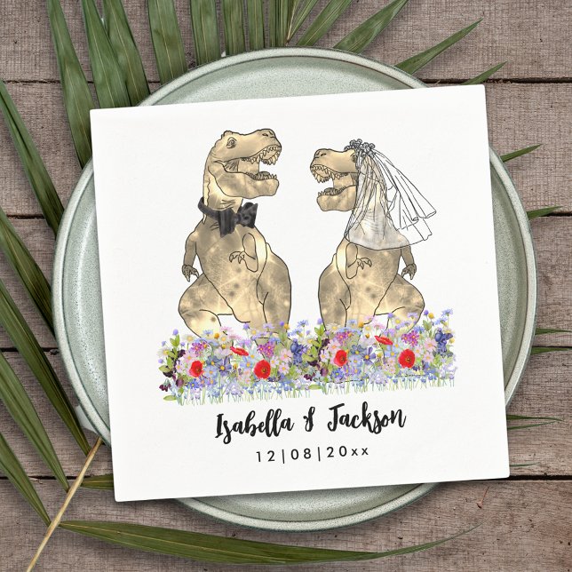 Guardanapo De Papel Casamento com tema de flores silvestres e dinossau (Funny Dinosaur wedding T-Rex bride and groom in a colorful wildflower meadow custom wedding napkins )