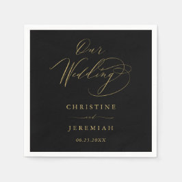 Guardanapo De Papel Casamento com Tipografia Dourada de Script Preto E
