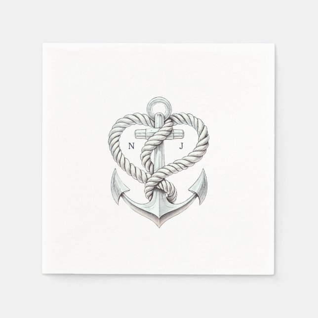 Guardanapo De Papel Casamento Costeiro de Âncora de Coração Náutica (Frente)