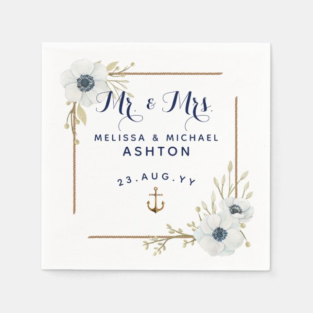 Guardanapo De Papel Casamento Datado de Anêmona Azul e Branco do Marin (Frente)