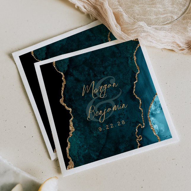 Guardanapo De Papel Casamento de Ágata Azul Teal Dourado Script (Criador carregado)