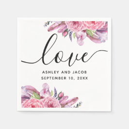 Guardanapo De Papel Casamento de aguarela rosa boho floral e penas