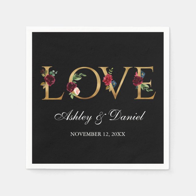 Guardanapo De Papel Casamento de Amor Dourado Floral Negro Floral Burg (Frente)